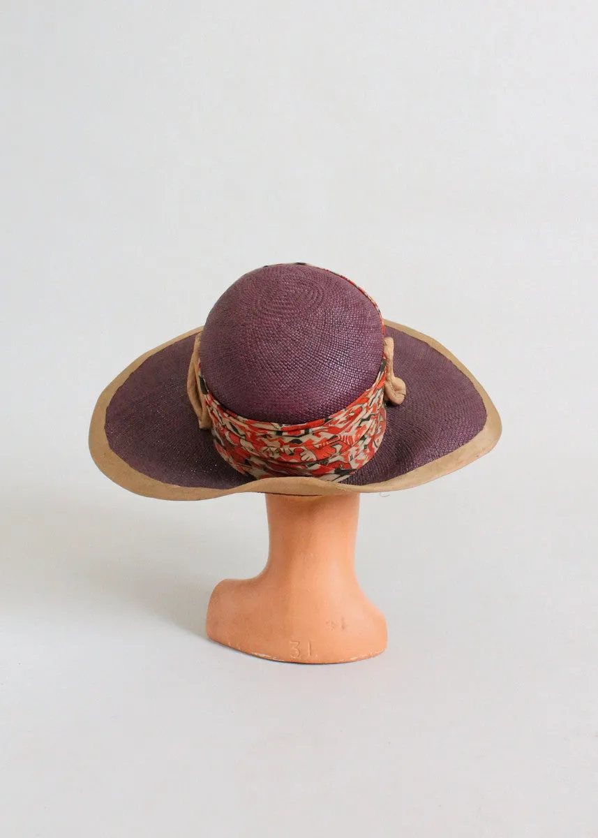 Vintage 1920s Purple Straw Wide Brim Cloche Hat