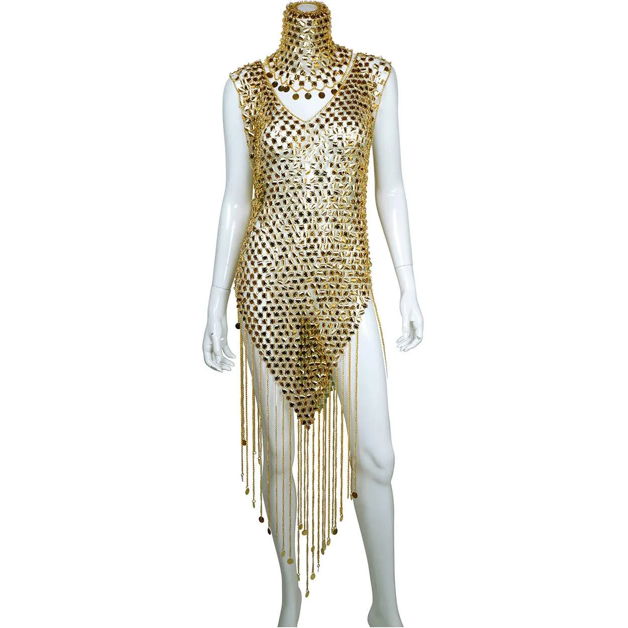 Vintage 1970s Paco Rabanne Space Age Chainmail Dress with Matching Hat