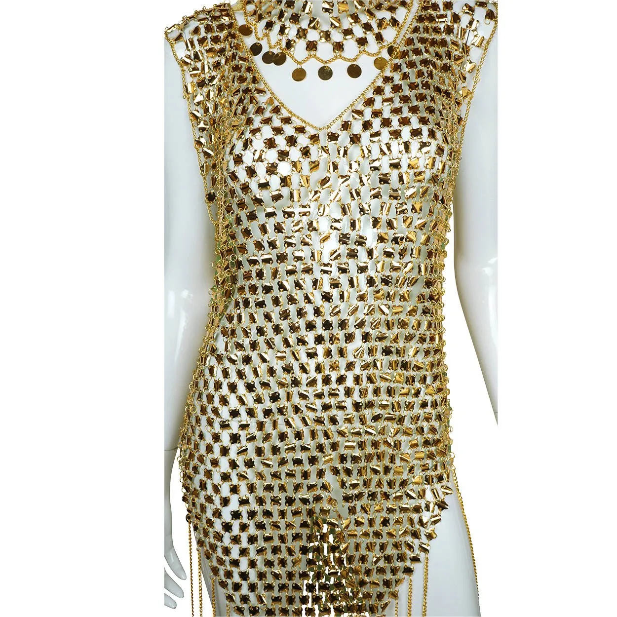 Vintage 1970s Paco Rabanne Space Age Chainmail Dress with Matching Hat