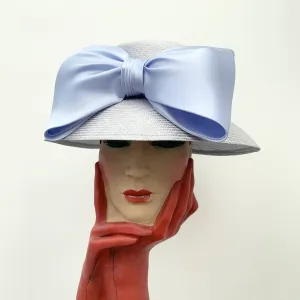 Vintage blue straw cloche hat with silk decorative ribbon bow by Bermona Trend made in England