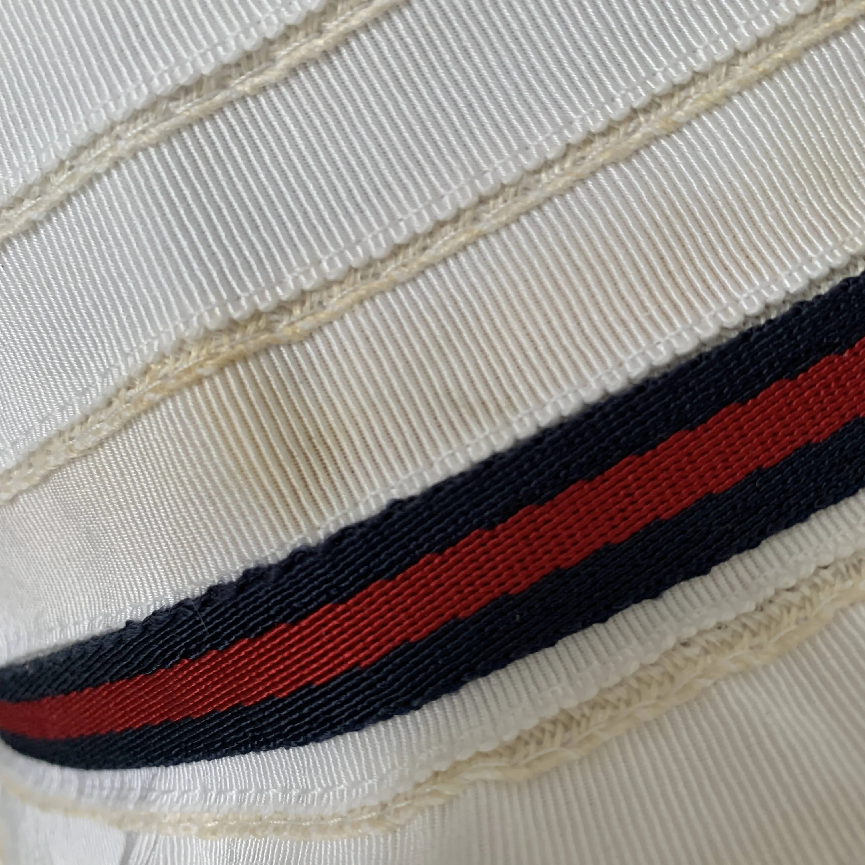 Vintage Gucci white cloche hat with signature stripe ribbon