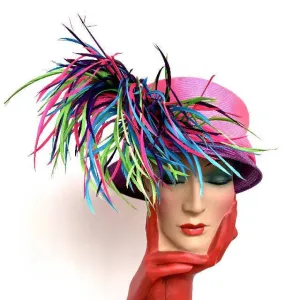 Vintage Philip Treacy purple and pink cloche hat with feather detailing