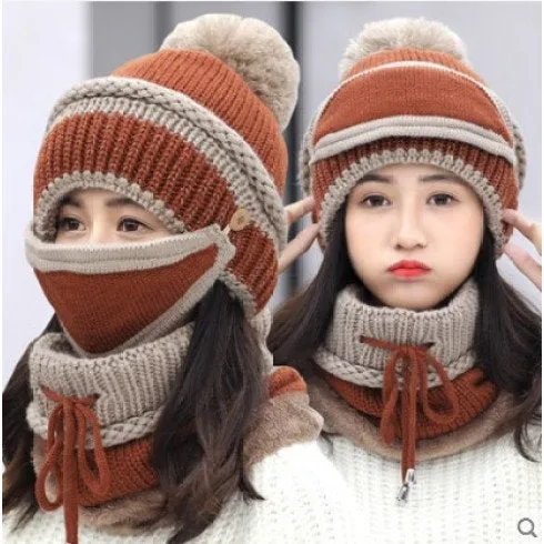 Winter Knitted Wool Beanies Women Hat With Warm Neck Scarf | Women Outdoor Wear | Ski Hat | Winter Mask | Windproof Wind Resistant Apparel