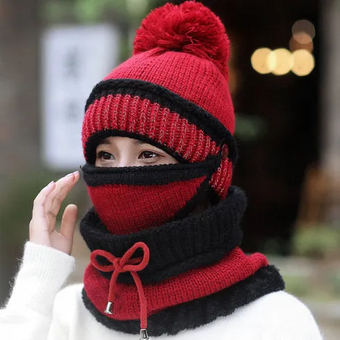 Winter Knitted Wool Beanies Women Hat With Warm Neck Scarf | Women Outdoor Wear | Ski Hat | Winter Mask | Windproof Wind Resistant Apparel