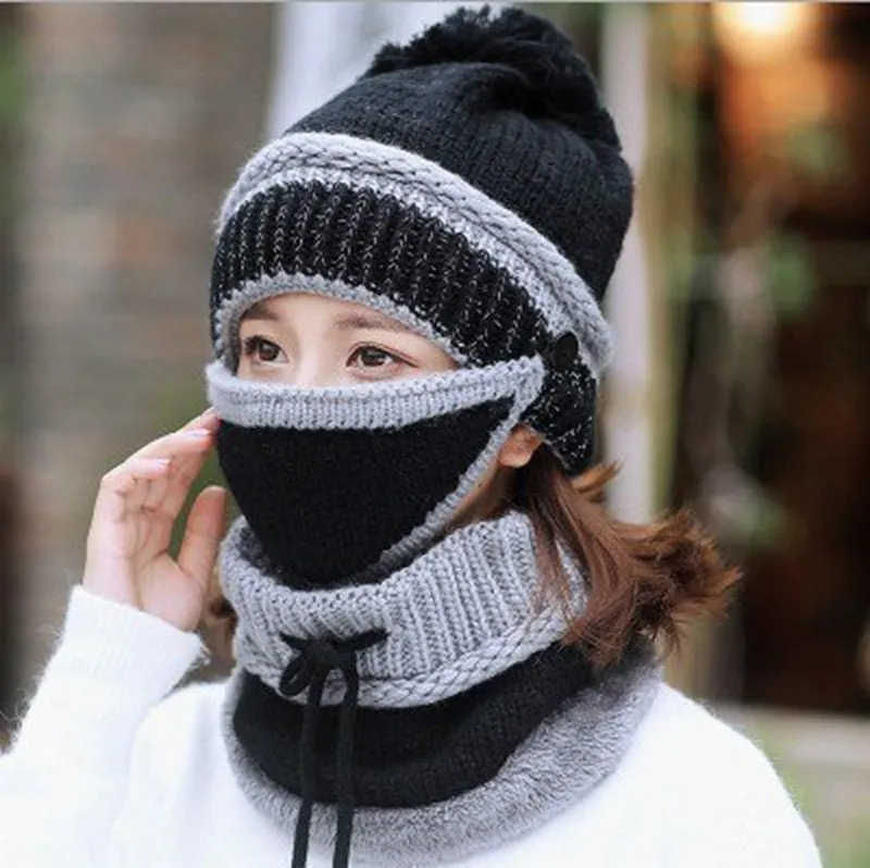 Winter Knitted Wool Beanies Women Hat With Warm Neck Scarf | Women Outdoor Wear | Ski Hat | Winter Mask | Windproof Wind Resistant Apparel