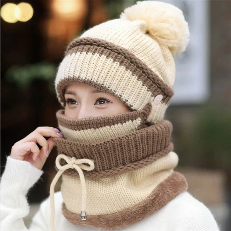 Winter Knitted Wool Beanies Women Hat With Warm Neck Scarf | Women Outdoor Wear | Ski Hat | Winter Mask | Windproof Wind Resistant Apparel