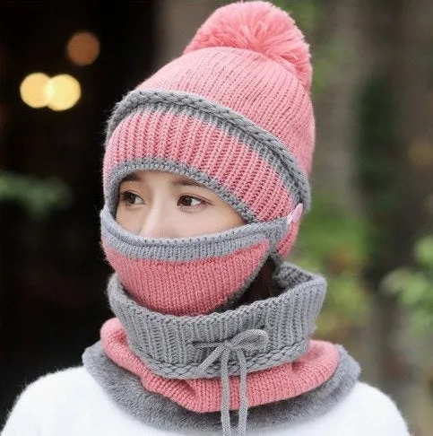 Winter Knitted Wool Beanies Women Hat With Warm Neck Scarf | Women Outdoor Wear | Ski Hat | Winter Mask | Windproof Wind Resistant Apparel