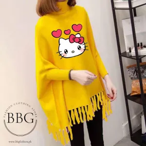 Yellow Kitty Printed Poncho